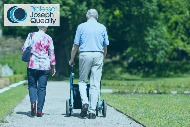 Older people walking with the man pushing a walker